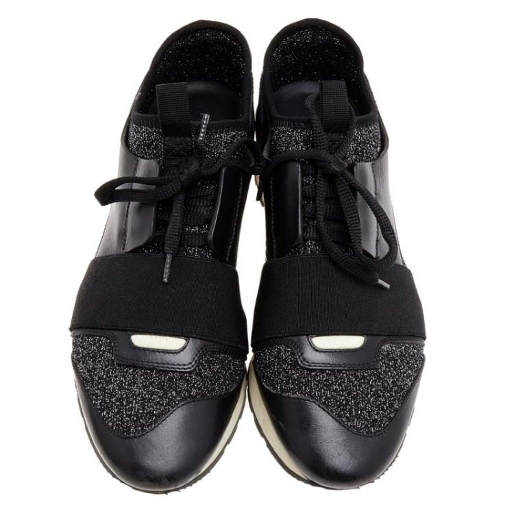 Pre Owned Balenciaga Black/Silver Leather And Knit Fabric Race Runner Low Top Sneakers Size 37