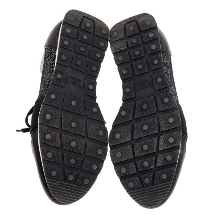 Pre Owned Balenciaga Black/Silver Leather And Knit Fabric Race Runner Low Top Sneakers Size 37