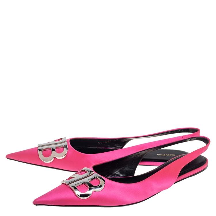 Pre Owned Balenciaga Pink Satin BB Logo Embellished Slingback Pointed Toe Flats Size 41