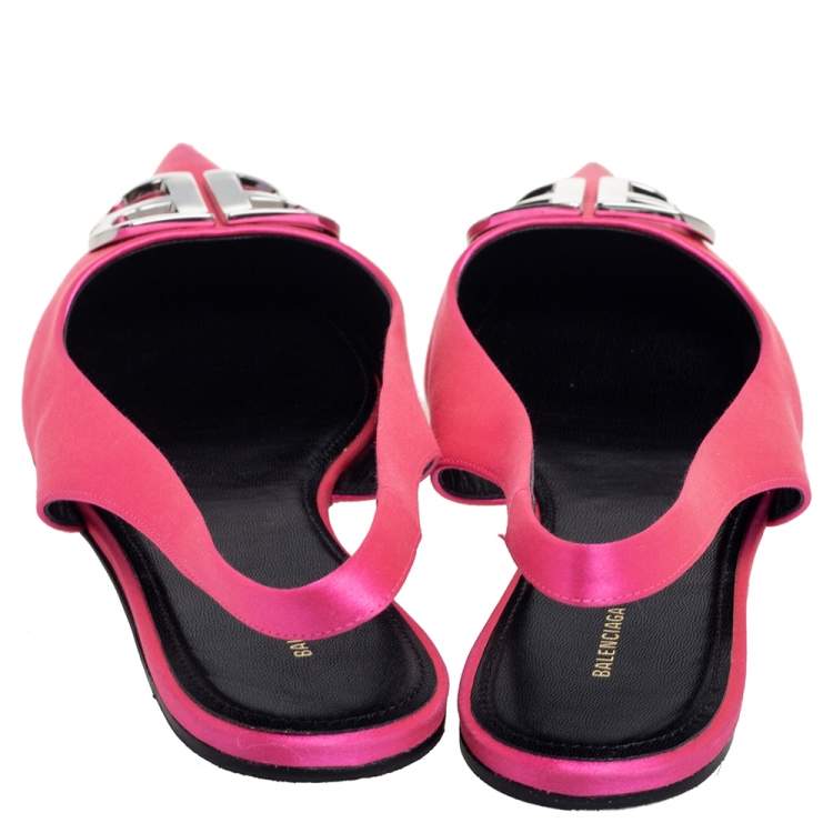 Pre Owned Balenciaga Pink Satin BB Logo Embellished Slingback Pointed Toe Flats Size 41