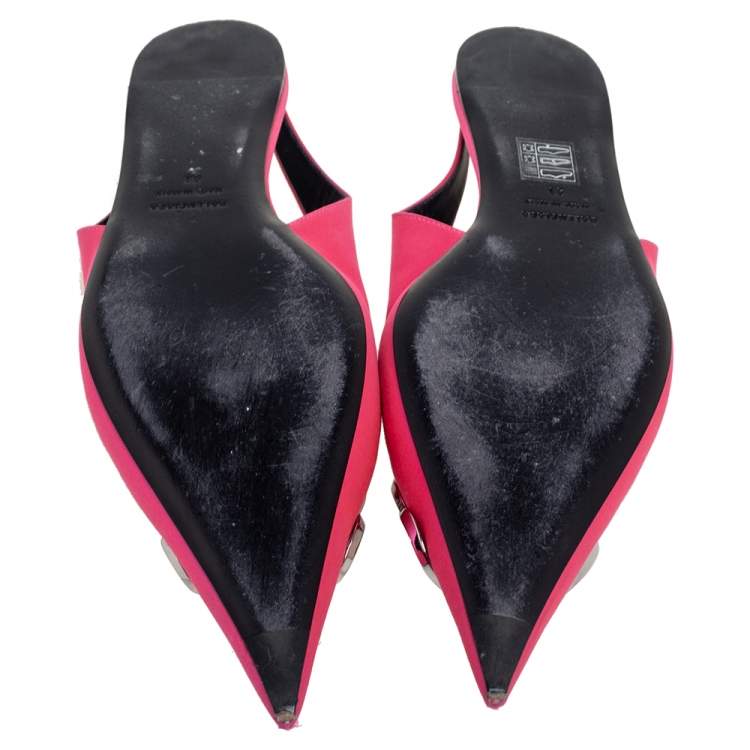Pre Owned Balenciaga Pink Satin BB Logo Embellished Slingback Pointed Toe Flats Size 41