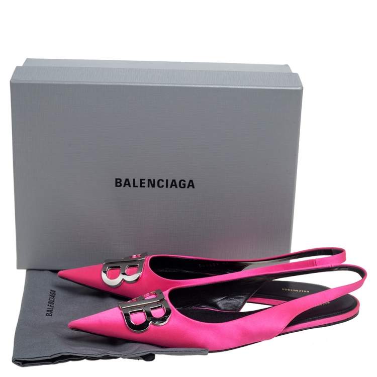 Pre Owned Balenciaga Pink Satin BB Logo Embellished Slingback Pointed Toe Flats Size 41