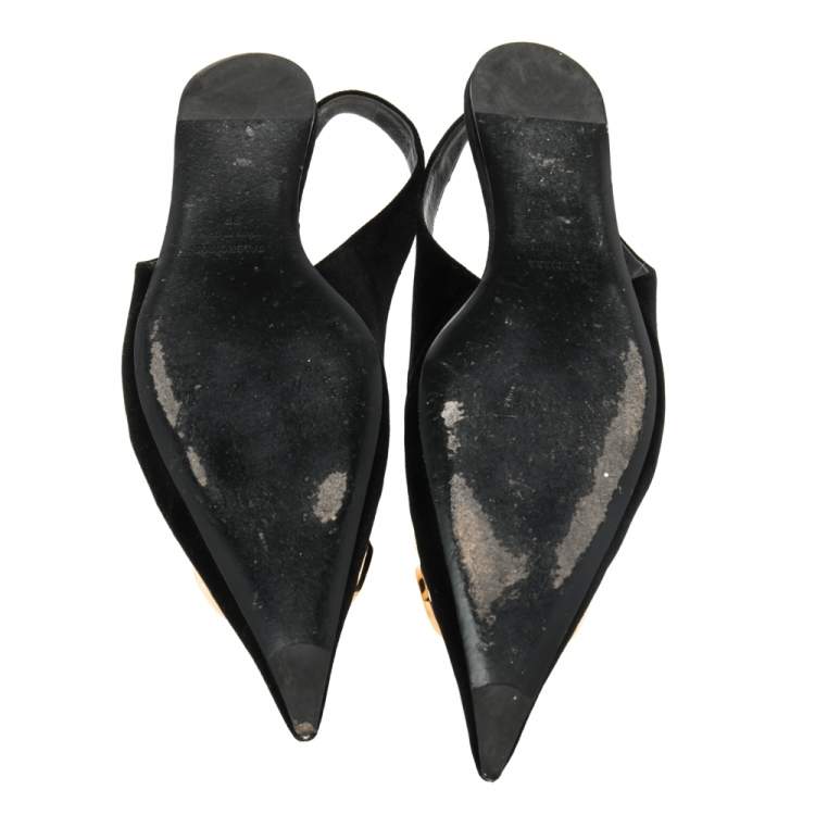 Pre Owned Balenciaga Black Velvet BB Logo Embellished Slingback Pointed Toe Flats Size 38