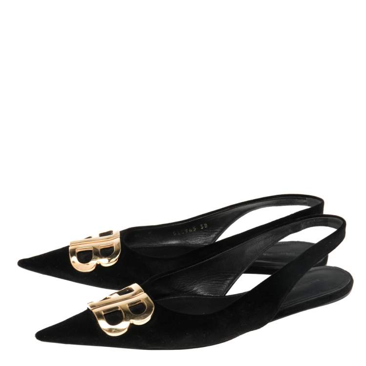 Pre Owned Balenciaga Black Velvet BB Logo Embellished Slingback Pointed Toe Flats Size 38