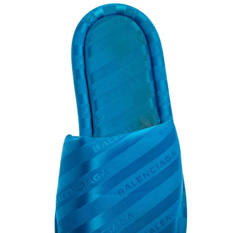 Pre Owned Balenciaga Blue Logo Fabric Hotel Flat Slides Size 40