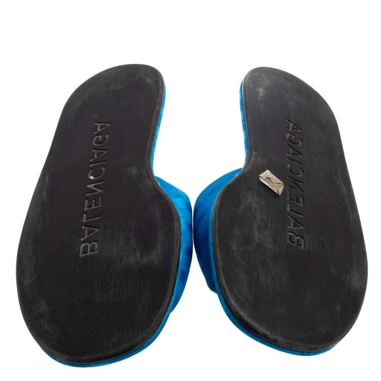 Pre Owned Balenciaga Blue Logo Fabric Hotel Flat Slides Size 40