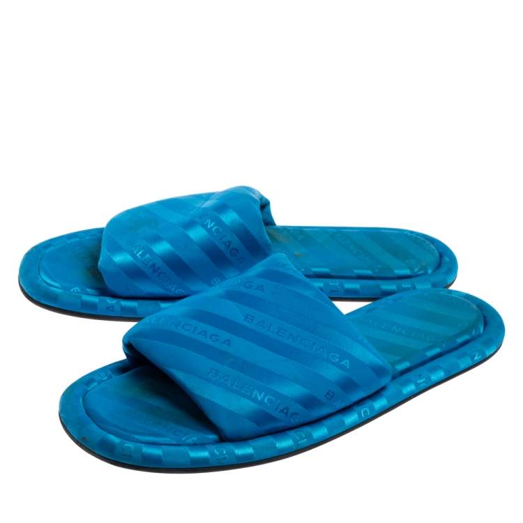 Pre Owned Balenciaga Blue Logo Fabric Hotel Flat Slides Size 40