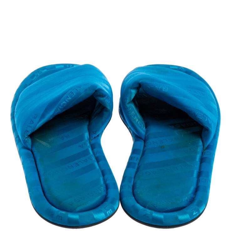 Pre Owned Balenciaga Blue Logo Fabric Hotel Flat Slides Size 40
