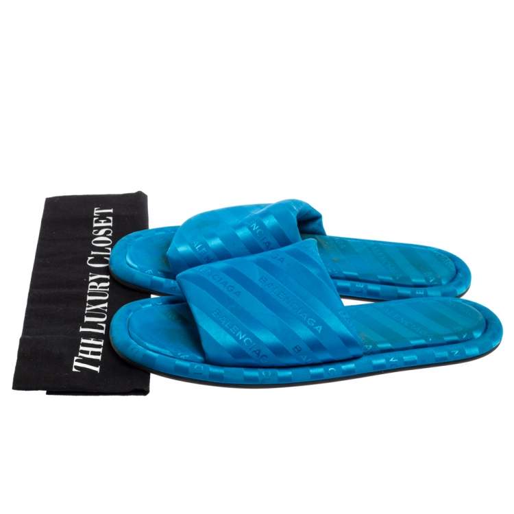 Pre Owned Balenciaga Blue Logo Fabric Hotel Flat Slides Size 40