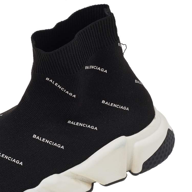 Pre Owned Balenciaga Black Logo Print Knit Fabric Speed Trainer High Top Sneakers Size 38