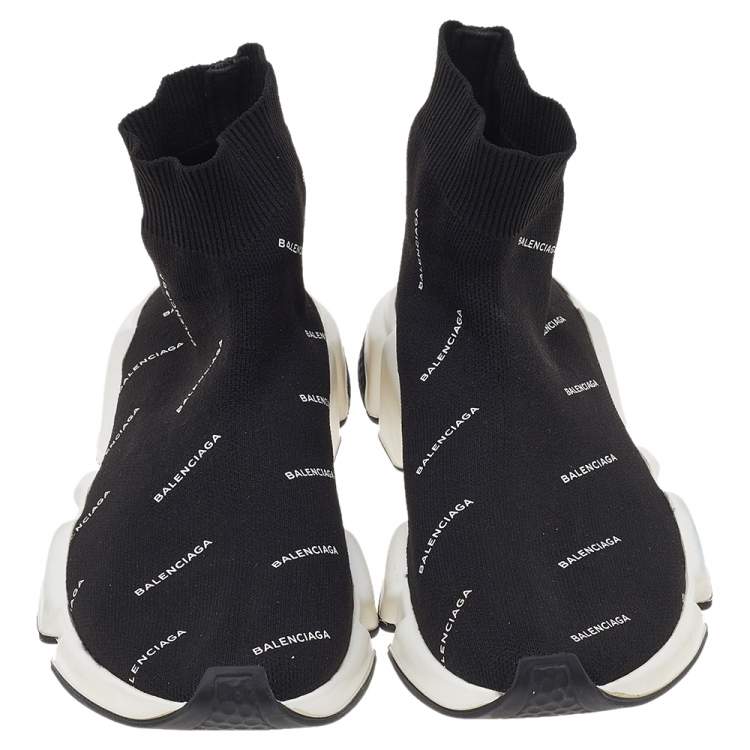 Pre Owned Balenciaga Black Logo Print Knit Fabric Speed Trainer High Top Sneakers Size 38