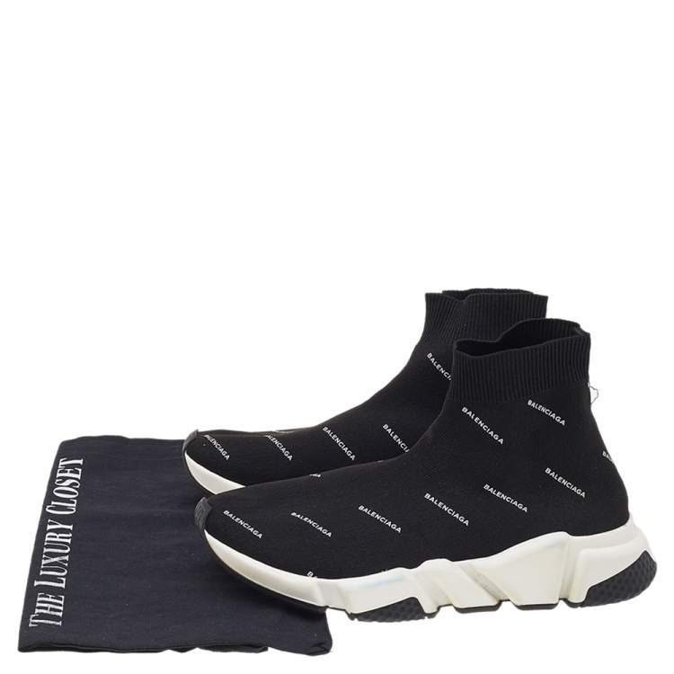 Pre Owned Balenciaga Black Logo Print Knit Fabric Speed Trainer High Top Sneakers Size 38