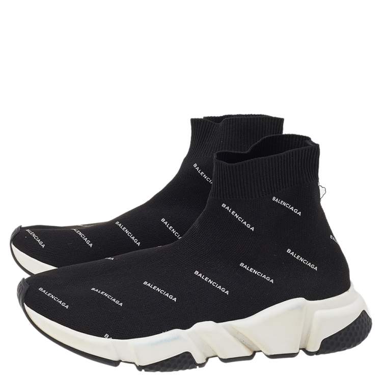 Pre Owned Balenciaga Black Logo Print Knit Fabric Speed Trainer High Top Sneakers Size 38