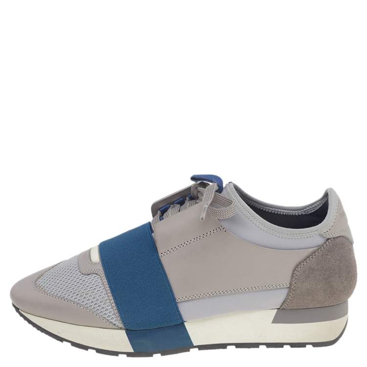 Pre Owned Balenciaga Grey/Blue Leather And Mesh Race Runner Low Top Sneakers Size 37