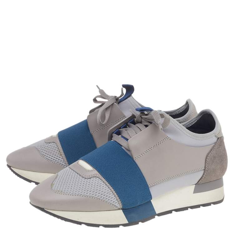 Pre Owned Balenciaga Grey/Blue Leather And Mesh Race Runner Low Top Sneakers Size 37