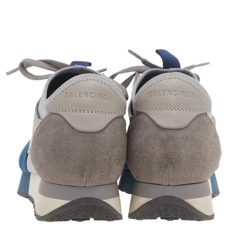 Pre Owned Balenciaga Grey/Blue Leather And Mesh Race Runner Low Top Sneakers Size 37