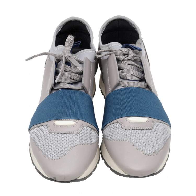 Pre Owned Balenciaga Grey/Blue Leather And Mesh Race Runner Low Top Sneakers Size 37