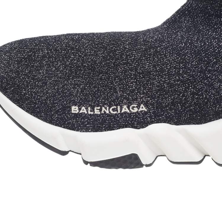 Pre Owned Balenciaga Black/Silver Glitter Knit Fabric Speed Trainer Sneakers Size 35