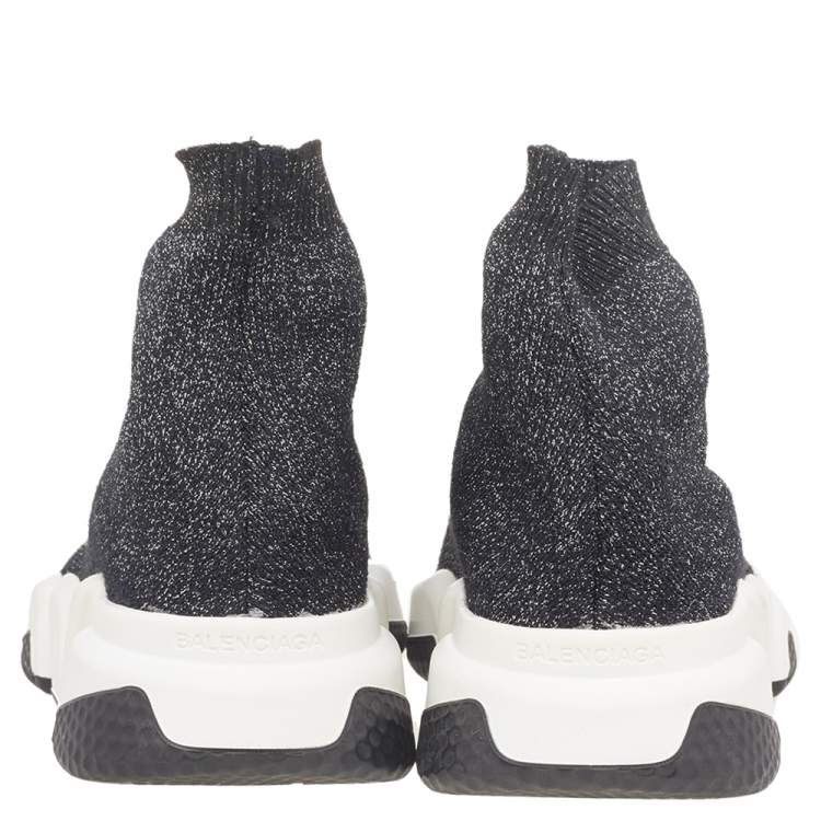 Pre Owned Balenciaga Black/Silver Glitter Knit Fabric Speed Trainer Sneakers Size 35