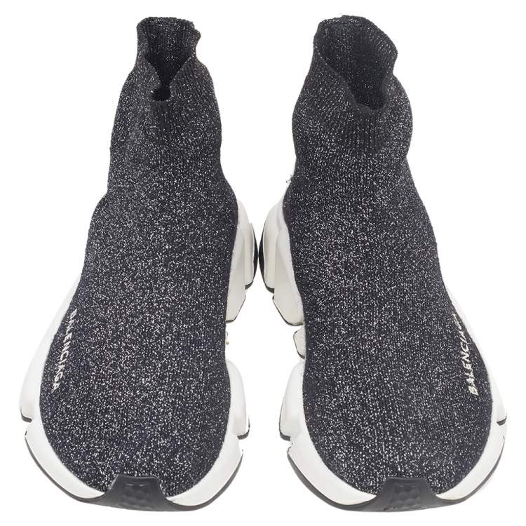 Pre Owned Balenciaga Black/Silver Glitter Knit Fabric Speed Trainer Sneakers Size 35