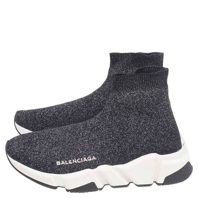 Pre Owned Balenciaga Black/Silver Glitter Knit Fabric Speed Trainer Sneakers Size 35