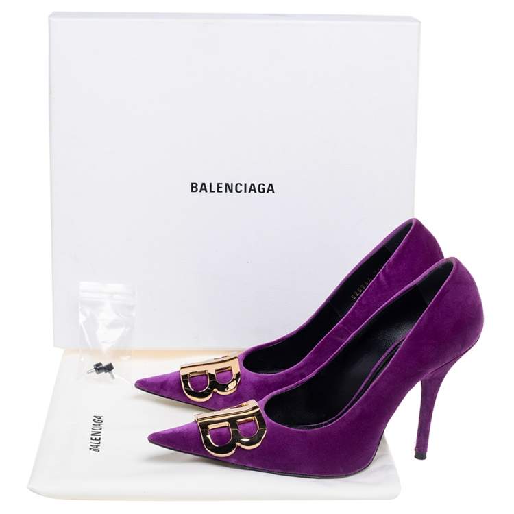 Pre Owned Balenciaga Purple Velvet BB Pointed Toe Pumps Size 36.5