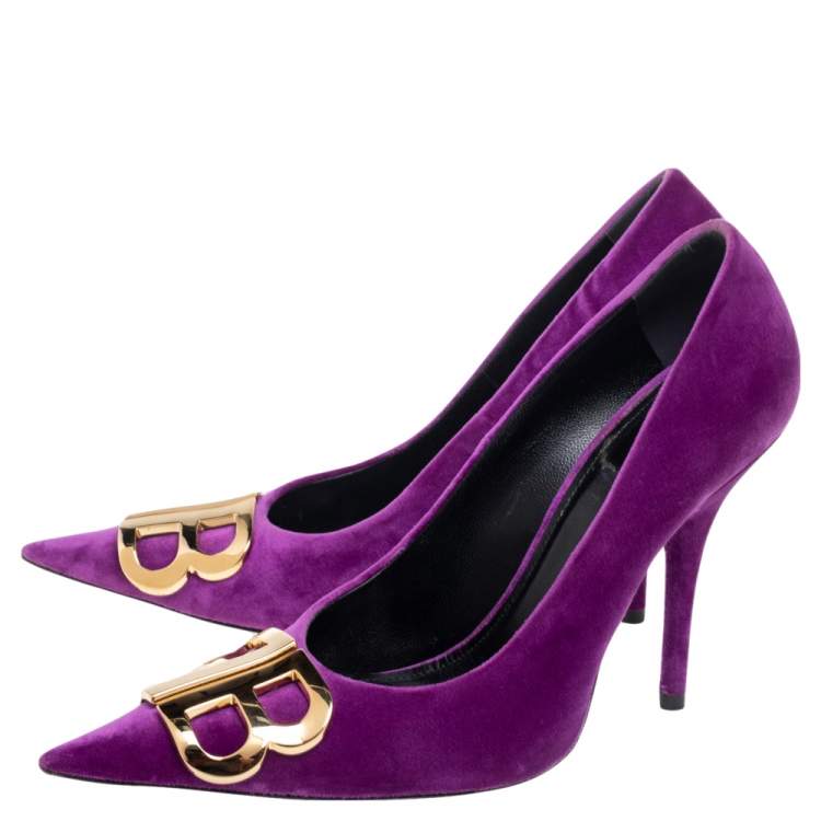 Pre Owned Balenciaga Purple Velvet BB Pointed Toe Pumps Size 36.5