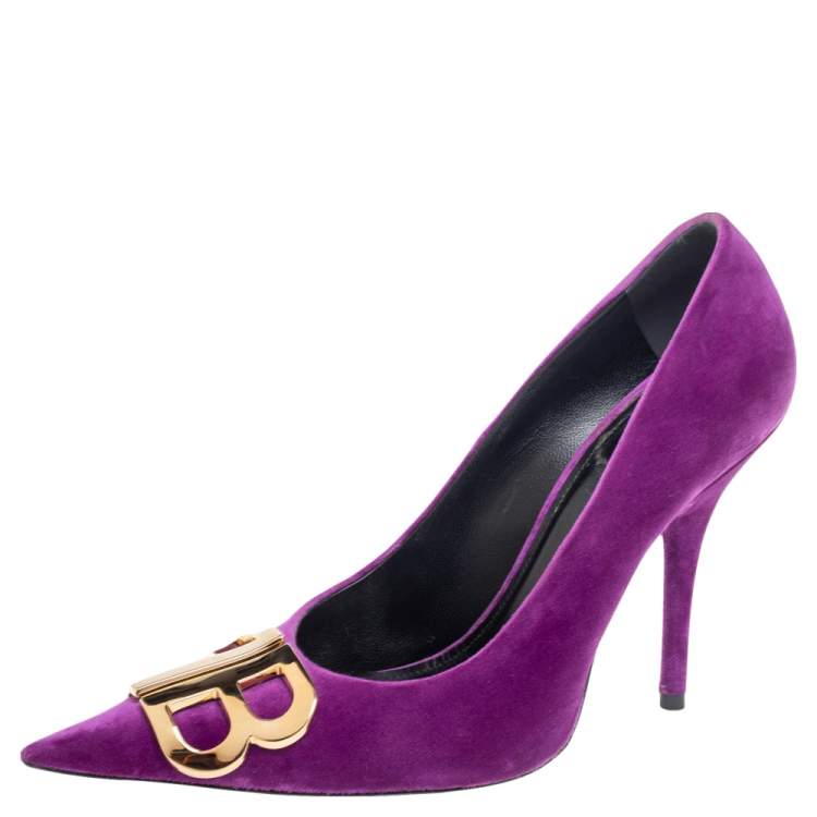 Pre Owned Balenciaga Purple Velvet BB Pointed Toe Pumps Size 36.5