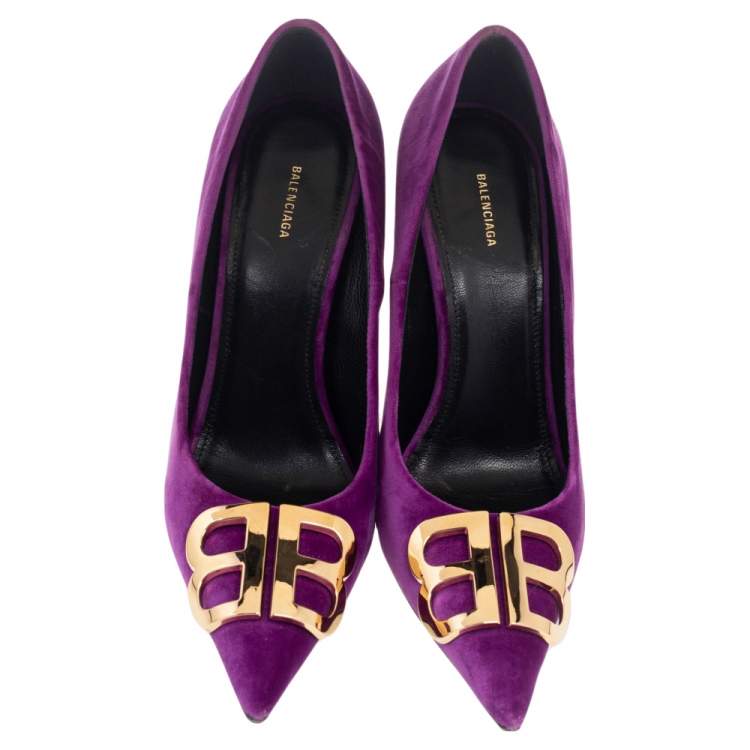 Pre Owned Balenciaga Purple Velvet BB Pointed Toe Pumps Size 36.5