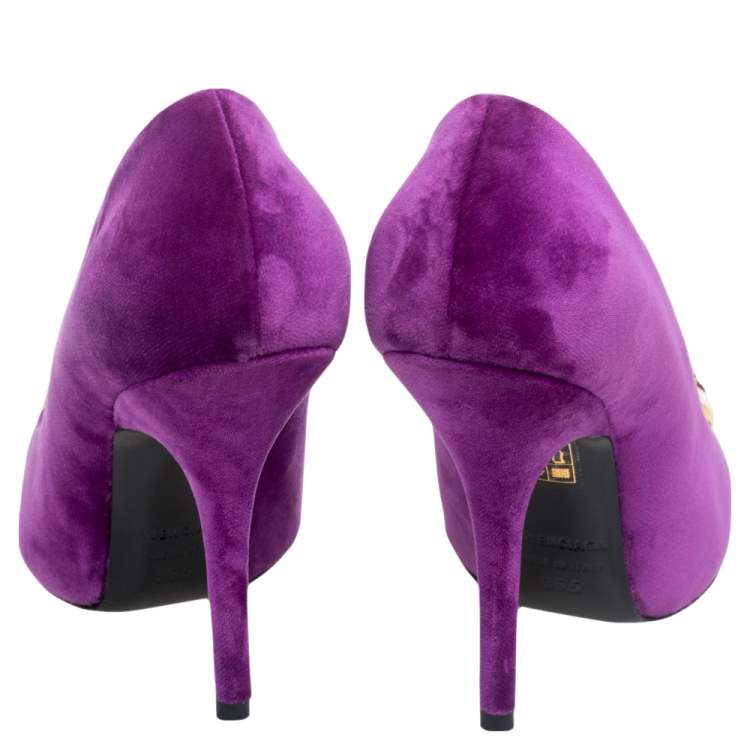Pre Owned Balenciaga Purple Velvet BB Pointed Toe Pumps Size 36.5