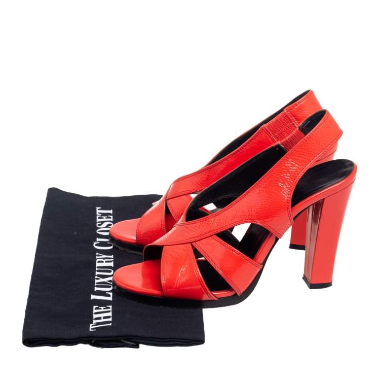 Pre Owned Balenciaga Orange Patent Leather Crisscross Sandals Size 38
