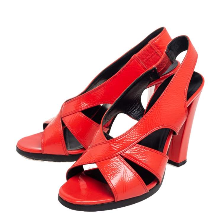 Pre Owned Balenciaga Orange Patent Leather Crisscross Sandals Size 38