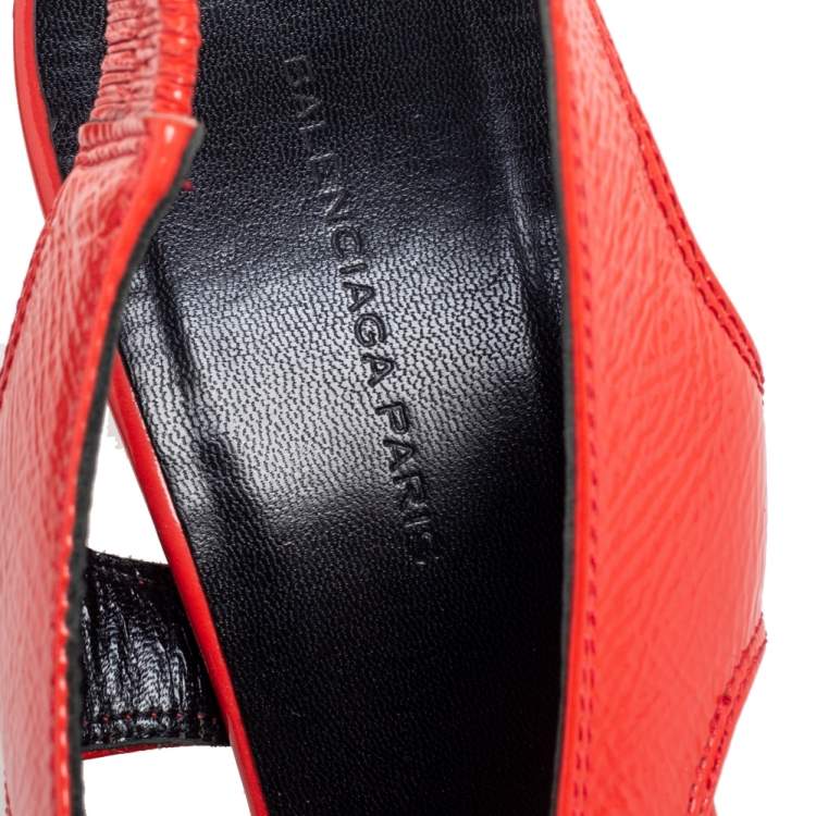 Pre Owned Balenciaga Orange Patent Leather Crisscross Sandals Size 38