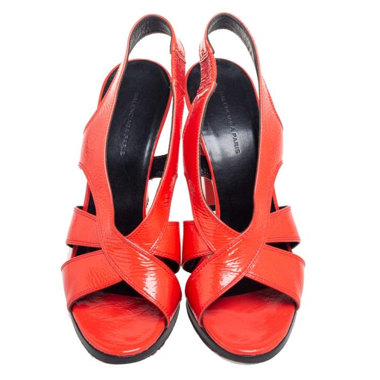 Pre Owned Balenciaga Orange Patent Leather Crisscross Sandals Size 38