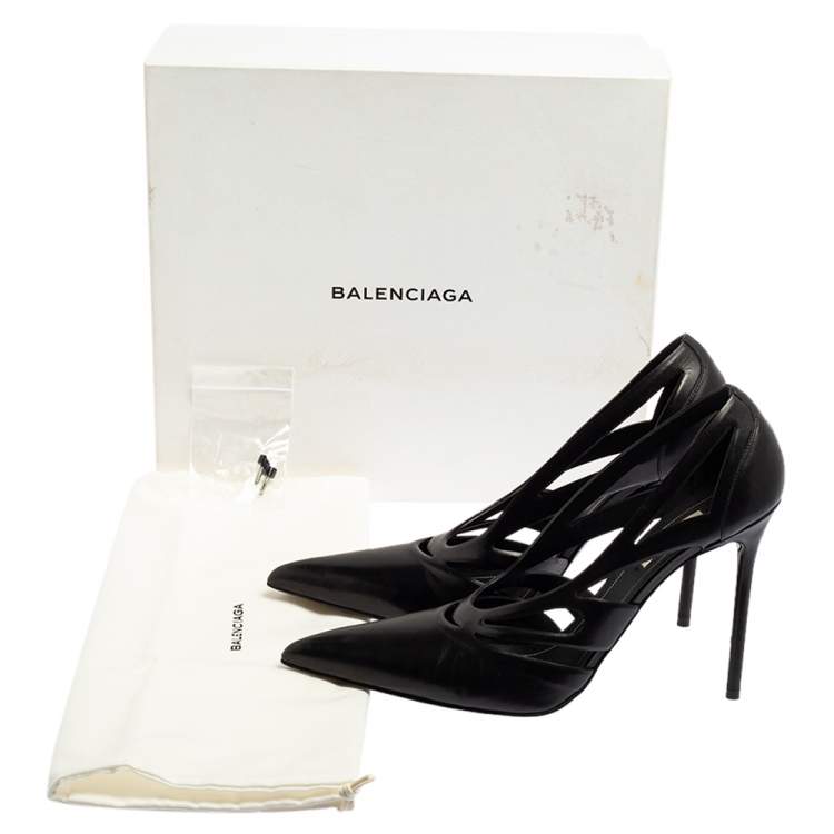 Pre Owned Balenciaga Black Leather Spider Laser Cut Pointed Toe Pumps Size 39.5