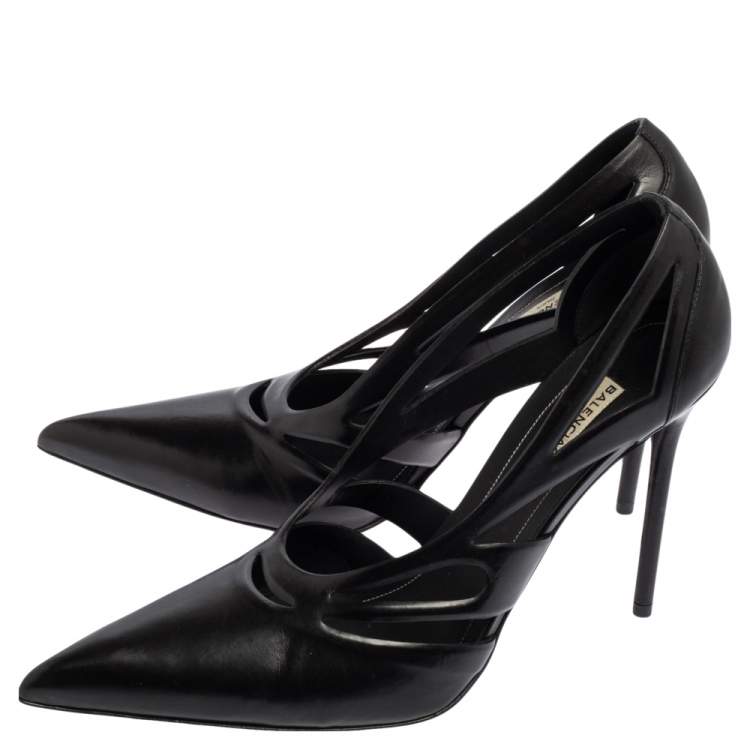 Pre Owned Balenciaga Black Leather Spider Laser Cut Pointed Toe Pumps Size 39.5