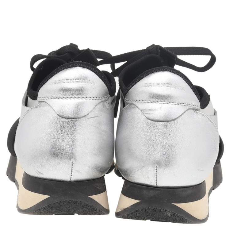 Pre Owned Balenciaga Silver/Grey Leather And Knit Fabric Race Runner Low Top Sneakers Size 39