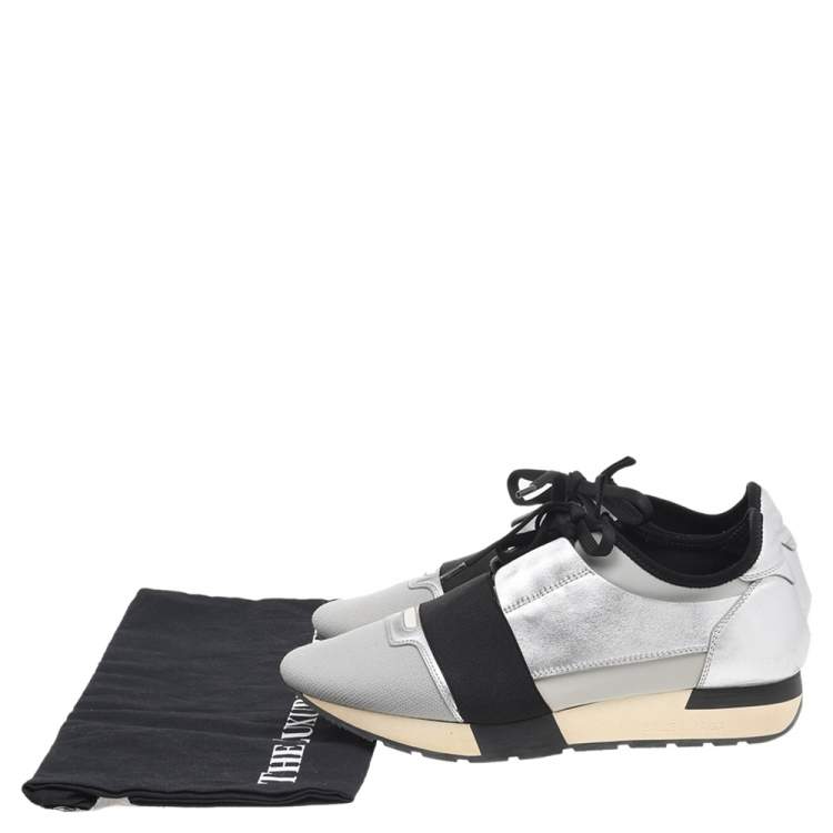 Pre Owned Balenciaga Silver/Grey Leather And Knit Fabric Race Runner Low Top Sneakers Size 39