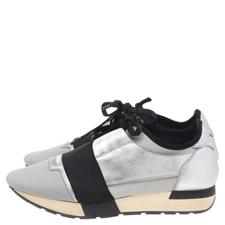 Pre Owned Balenciaga Silver/Grey Leather And Knit Fabric Race Runner Low Top Sneakers Size 39