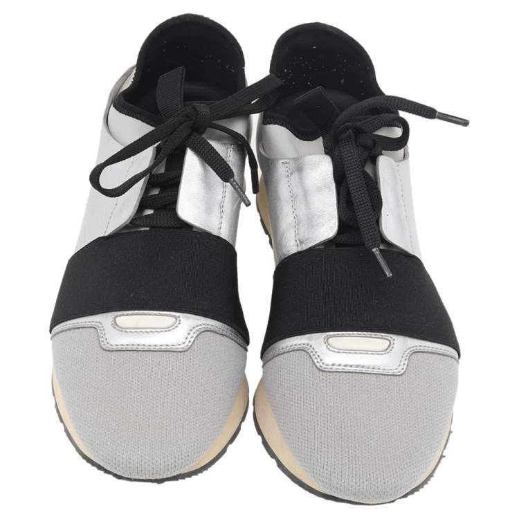 Pre Owned Balenciaga Silver/Grey Leather And Knit Fabric Race Runner Low Top Sneakers Size 39
