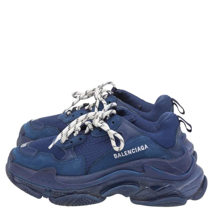 Pre Owned Balenciaga Blue Mesh And Leather Triple S Clear Sole Low Top Sneakers Size 39