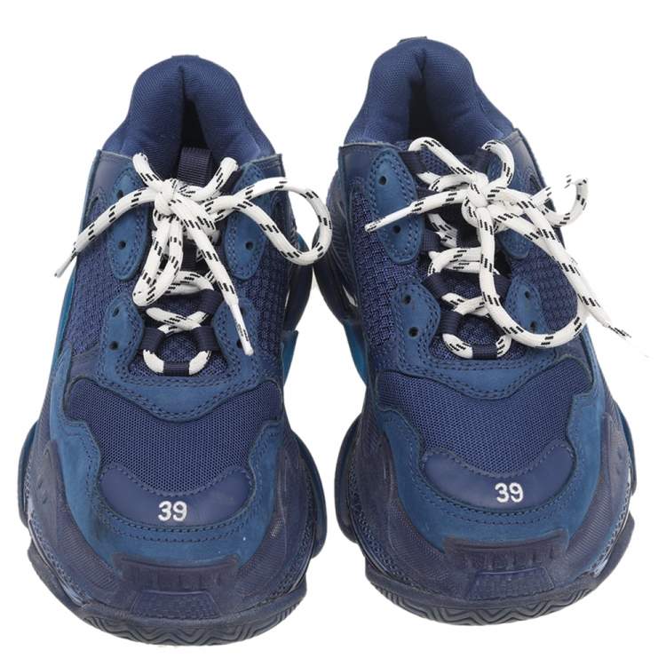 Pre Owned Balenciaga Blue Mesh And Leather Triple S Clear Sole Low Top Sneakers Size 39