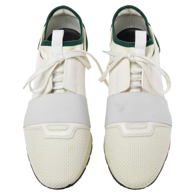 Pre Owned Balenciaga White/Green Mesh And Leather Race Runner Low Top Sneakers Size 40