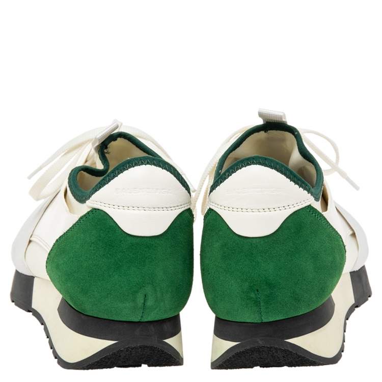 Pre Owned Balenciaga White/Green Mesh And Leather Race Runner Low Top Sneakers Size 40