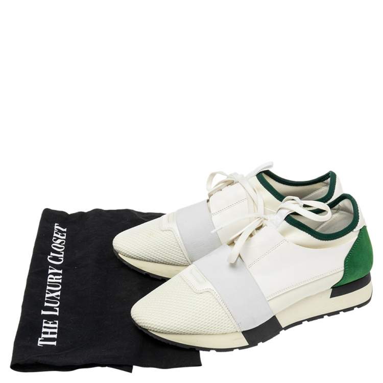 Pre Owned Balenciaga White/Green Mesh And Leather Race Runner Low Top Sneakers Size 40
