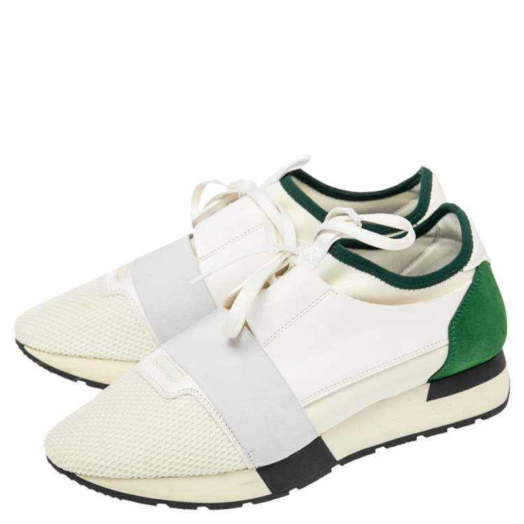 Pre Owned Balenciaga White/Green Mesh And Leather Race Runner Low Top Sneakers Size 40