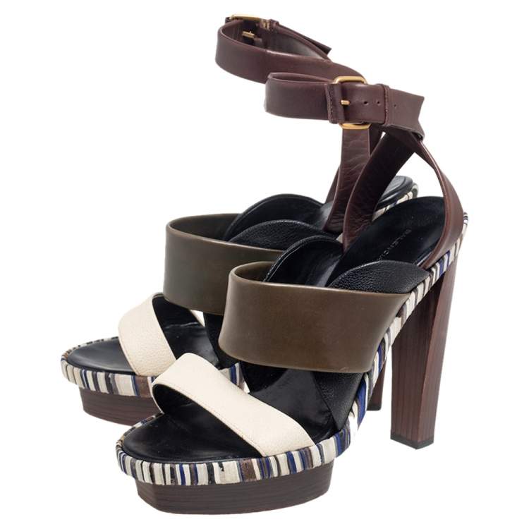 Pre Owned Balenciaga Multicolor Leather Ankle Wrap Platform Sandals Size 39