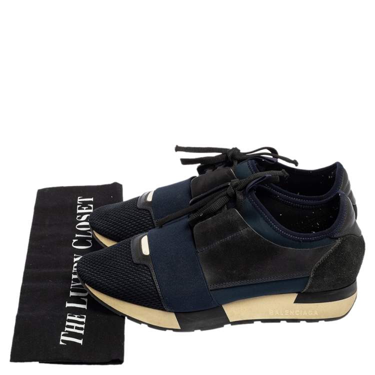 Pre Owned Balenciaga Navy Blue Leather, Nylon, And Mesh Race Runner Sneakers Size 37