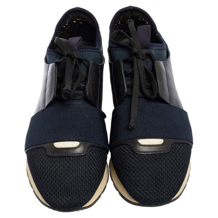 Pre Owned Balenciaga Navy Blue Leather, Nylon, And Mesh Race Runner Sneakers Size 37