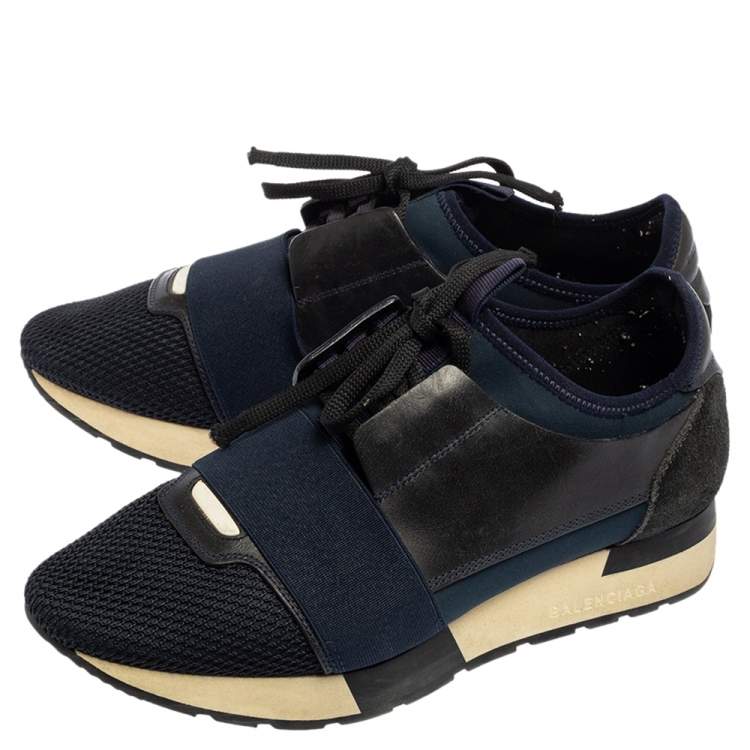 Pre Owned Balenciaga Navy Blue Leather, Nylon, And Mesh Race Runner Sneakers Size 37